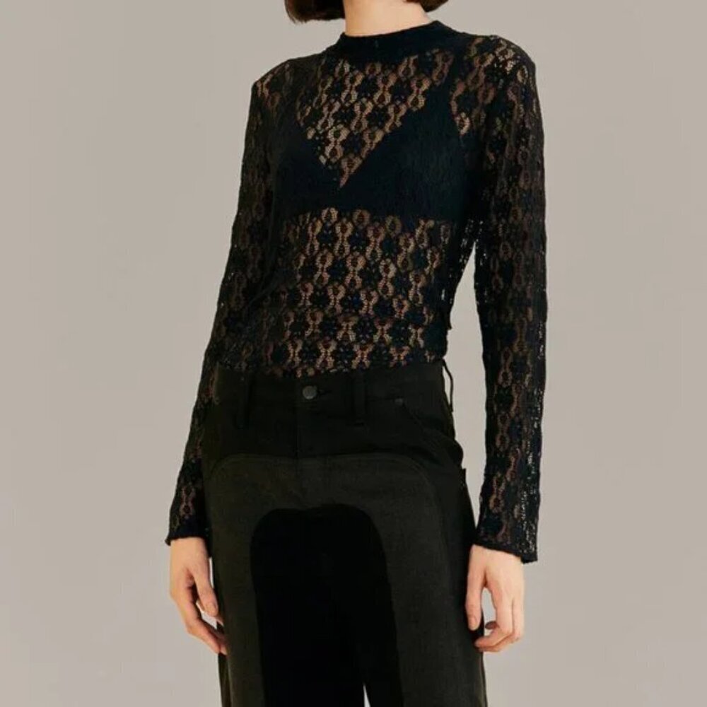 FARM Rio Black Lace Long Sleeve Blouse. Sz: L